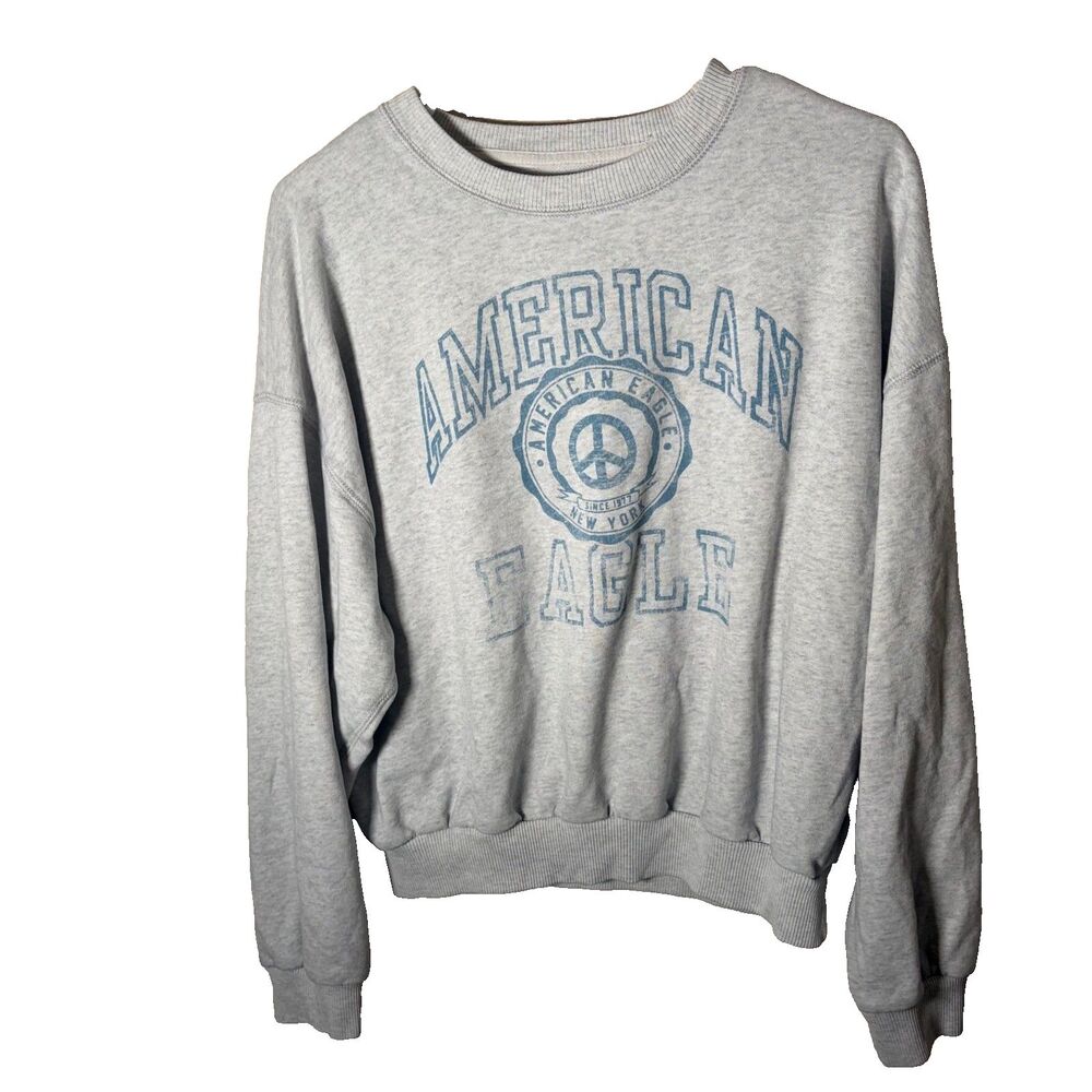 American Eagle Sweatshirt Women's Medium Gray Cropped Long Sleeve Logo Crew